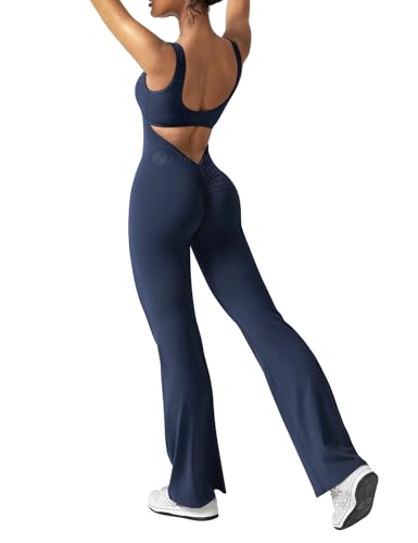 ZAAYO Damen Flared Jumpsuit Tight Scrunch Butt Overalls Lang Ärmelloser Sport rückenfrei Jumpsuit Yoga Bodycon Einteiler Ganzkörperanzug Stretch Elegant Jumpsuits von ZAAYO