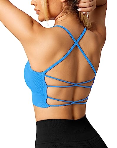 ZAAYO Damen Gym BH Gepolstert Crossback Fitness Sport Bra Abnehmbarer Brustpolster Yoga Tops Gestrickte Nahtlose Sportbekleidung Blue Medium von ZAAYO