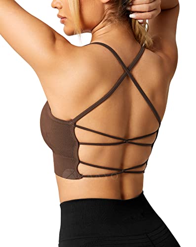 ZAAYO Damen Gym BH Gepolstert Crossback Fitness Sport Bra Abnehmbarer Brustpolster Yoga Tops Gestrickte Nahtlose Sportbekleidung Braun Large von ZAAYO