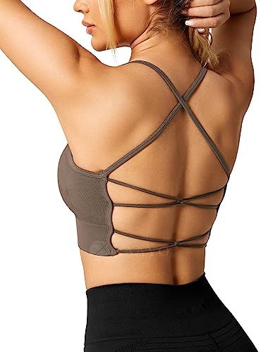 ZAAYO Damen Gym BH Gepolstert Crossback Fitness Sport Bra Abnehmbarer Brustpolster Yoga Tops Gestrickte Nahtlose Sportbekleidung Chestnut Brown Large von ZAAYO