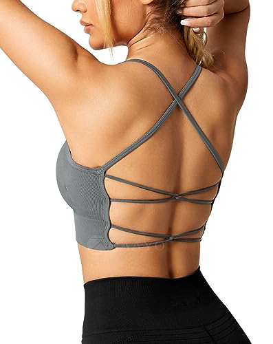 ZAAYO Damen Gym BH Gepolstert Crossback Fitness Sport Bra Abnehmbarer Brustpolster Yoga Tops Gestrickte Nahtlose Sportbekleidung Dark Grey Large von ZAAYO