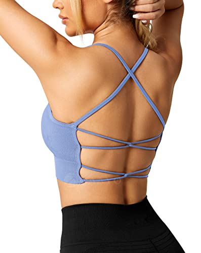 ZAAYO Damen Gym BH Gepolstert Crossback Fitness Sport Bra Abnehmbarer Brustpolster Yoga Tops Gestrickte Nahtlose Sportbekleidung Hellblau Medium von ZAAYO