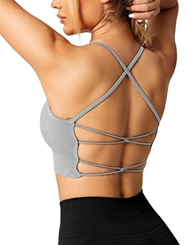 ZAAYO Damen Gym BH Gepolstert Crossback Fitness Sport Bra Abnehmbarer Brustpolster Yoga Tops Gestrickte Nahtlose Sportbekleidung Hellgrau Large von ZAAYO