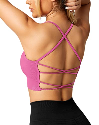 ZAAYO Damen Gym BH Gepolstert Crossback Fitness Sport Bra Abnehmbarer Brustpolster Yoga Tops Gestrickte Nahtlose Sportbekleidung Rosa Large von ZAAYO