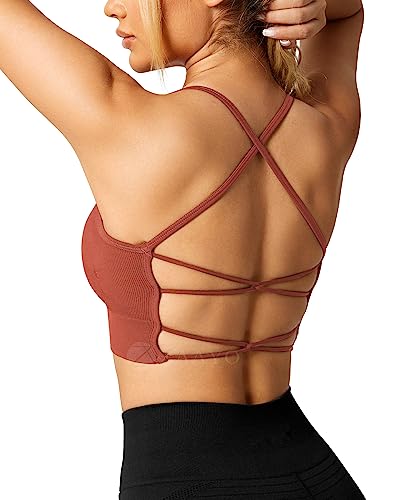 ZAAYO Damen Gym BH Gepolstert Crossback Fitness Sport Bra Abnehmbarer Brustpolster Yoga Tops Gestrickte Nahtlose Sportbekleidung Rust Red Large von ZAAYO