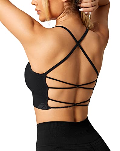 ZAAYO Damen Gym BH Gepolstert Crossback Fitness Sport Bra Abnehmbarer Brustpolster Yoga Tops Gestrickte Nahtlose Sportbekleidung Schwarz Large von ZAAYO