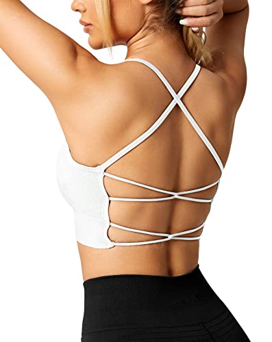 ZAAYO Damen Gym BH Gepolstert Crossback Fitness Sport Bra Abnehmbarer Brustpolster Yoga Tops Gestrickte Nahtlose Sportbekleidung Weiß Large von ZAAYO