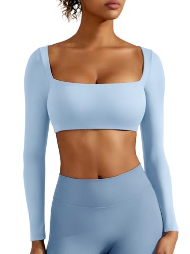 ZAAYO Langarm Crop Top Damen Langarm Gym Top Sport Oberteil Mit Eingebautem BH Basic Langarmshirt Damen Longsleeve Shirt mit Quadratischem Ausschnitt Himmelblau M von ZAAYO