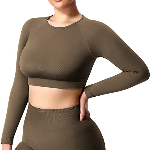 ZAAYO Damen Langarmshirt Sport Laufshirt Sportoberteil Longsleeve Running Crop Top Training Baselayer, Braun M von ZAAYO