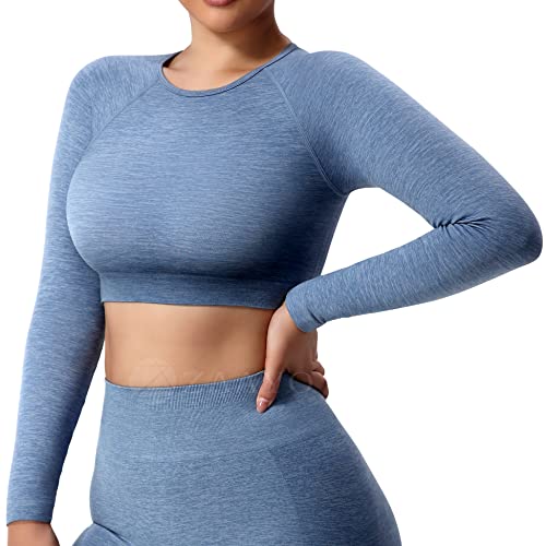 ZAAYO Damen Langarmshirt Sport Laufshirt Sportoberteil Longsleeve Running Crop Top Training Baselayer, Grau Blau L von ZAAYO