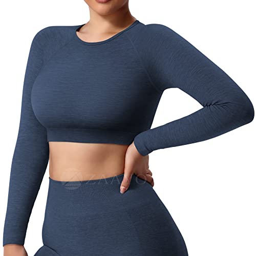 ZAAYO Damen Langarmshirt Sport Laufshirt Sportoberteil Longsleeve Running Crop Top Training Baselayer, Marine L von ZAAYO