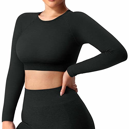 ZAAYO Damen Langarmshirt Sport Laufshirt Sportoberteil Longsleeve Running Crop Top Training Baselayer, Schwarz S von ZAAYO