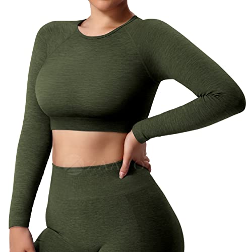 ZAAYO Damen Langarmshirt Sport Laufshirt Sportoberteil Longsleeve Running Crop Top Training Baselayer Light Green Armeegrün M von ZAAYO