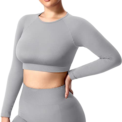 ZAAYO Damen Langarmshirt Sport Laufshirt Sportoberteil Longsleeve Running Crop Top Training Baselayer Light Green Hellgrau XL von ZAAYO