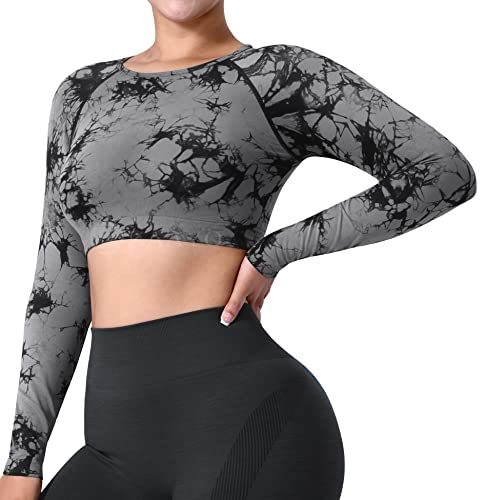 ZAAYO Damen Langarmshirt Sport Laufshirt Sportoberteil Longsleeve Running Crop Top Training Baselayer Light Green Schwarz Grau M von ZAAYO