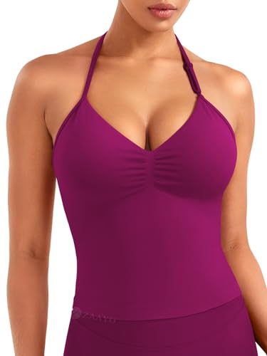 ZAAYO Damen Lange Camisole Top Rückenfrei V Neck Workout Tank Tops Y2K Ãrmellose Sommer Crop Top Gym Neckholder Oberteil mit verstellbarem Riemen Berry S von ZAAYO