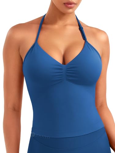ZAAYO Damen Lange Camisole Top Rückenfrei V Neck Workout Tank Tops Y2K Ãrmellose Sommer Crop Top Gym Neckholder Oberteil mit verstellbarem Riemen Elegant Blau M von ZAAYO