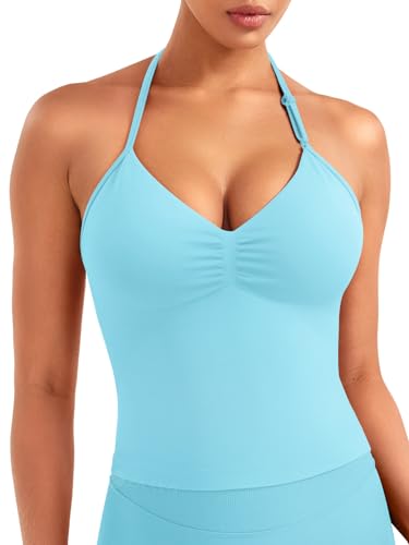ZAAYO Damen Lange Camisole Top Rückenfrei V Neck Workout Tank Tops Y2K Ãrmellose Sommer Crop Top Gym Neckholder Oberteil mit verstellbarem Riemen Hellblau L von ZAAYO