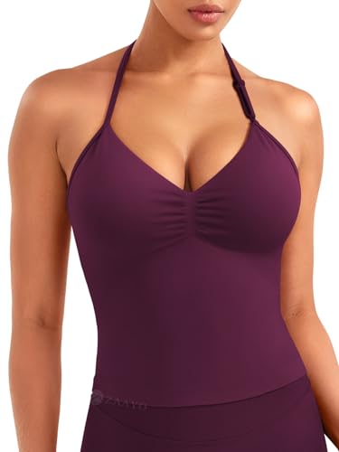 ZAAYO Damen Lange Camisole Top Rückenfrei V Neck Workout Tank Tops Y2K Ãrmellose Sommer Crop Top Gym Neckholder Oberteil mit verstellbarem Riemen Kirsche L von ZAAYO