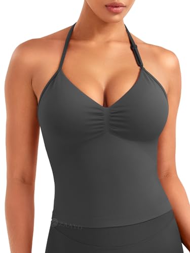 ZAAYO Damen Lange Camisole Top Rückenfrei V Neck Workout Tank Tops Y2K Ãrmellose Sommer Crop Top Gym Neckholder Oberteil mit verstellbarem Riemen Mittelgrau XS von ZAAYO