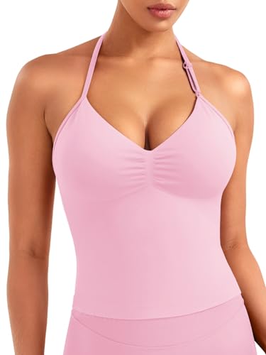 ZAAYO Damen Lange Camisole Top Rückenfrei V Neck Workout Tank Tops Y2K Ãrmellose Sommer Crop Top Gym Neckholder Oberteil mit verstellbarem Riemen Rosa L von ZAAYO
