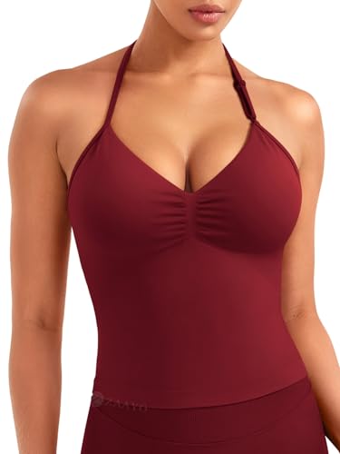 ZAAYO Damen Lange Camisole Top Rückenfrei V Neck Workout Tank Tops Y2K Ãrmellose Sommer Crop Top Gym Neckholder Oberteil mit verstellbarem Riemen Scharlachrot S von ZAAYO