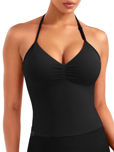 ZAAYO Damen Lange Camisole Top Rückenfrei V Neck Workout Tank Tops Y2K Ãrmellose Sommer Crop Top Gym Neckholder Oberteil mit verstellbarem Riemen Schwarz XS von ZAAYO