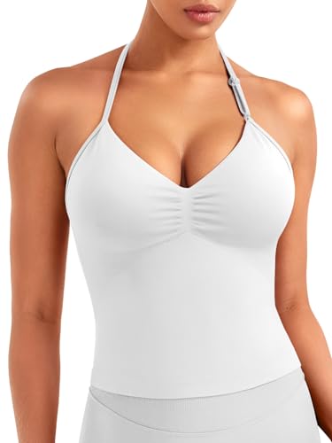 ZAAYO Damen Lange Camisole Top Rückenfrei V Neck Workout Tank Tops Y2K Ãrmellose Sommer Crop Top Gym Neckholder Oberteil mit verstellbarem Riemen Weiß XL von ZAAYO