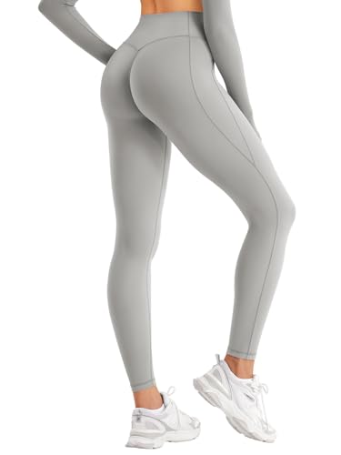 ZAAYO Damen Naked Feeling Sport Leggings Lang Laufhose Yogahose Sportleggins Blickdicht Weich High Wasit Push Up Lange Yoga Leggings für Fitness Yoga Training Casual Hellgrau L von ZAAYO