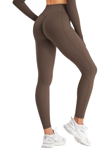 ZAAYO Damen Naked Feeling Sport Leggings Lang Laufhose Yogahose Sportleggins Blickdicht Weich High Wasit Push Up Lange Yoga Leggings für Fitness Yoga Training Casual Kaffee XL von ZAAYO
