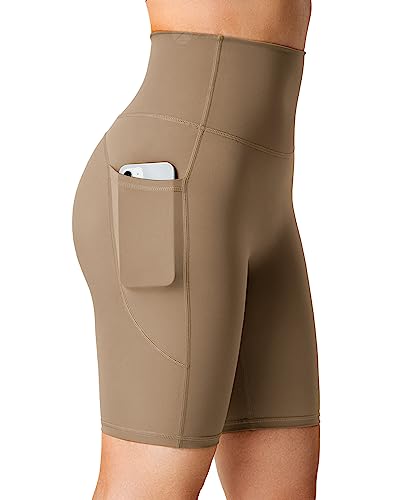 ZAAYO Damen Radlerhose Kurze Leggings Blickdicht mit Taschen Laufhosen Sports Shorts Gym Sporthose Khaki L von ZAAYO