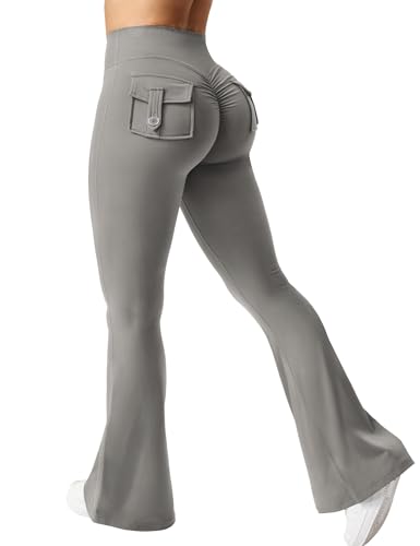 ZAAYO Damen Scrunch Flare Leggings mit Pockets Workout Leggings Damen Butt Lifting Gym Yoga Leggings Hellgrau S von ZAAYO