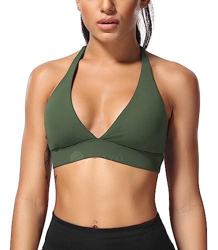 ZAAYO Damen Sport BH Push Up Fitness Oberteil Gepolstertes Rückenfrei Bustier Sexy Yoga Bra Dunkelgrün Large von ZAAYO