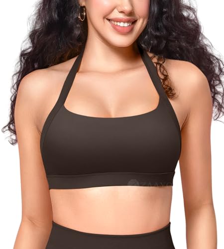 ZAAYO Damen Sport BH Rückenfrei Halfter Fitness BH Sport BH Gepolsterte Push Up BH mittlere Unterstützung Fitness Yoga Tops Kakao L von ZAAYO