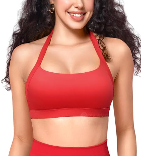 ZAAYO Damen Sport BH Rückenfrei Halfter Fitness BH Sport BH Gepolsterte Push Up BH mittlere Unterstützung Fitness Yoga Tops Rot S von ZAAYO