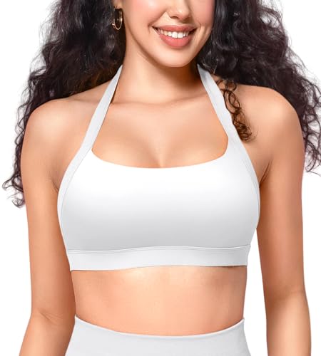 ZAAYO Damen Sport BH Rückenfrei Halfter Fitness BH Sport BH Gepolsterte Push Up BH mittlere Unterstützung Fitness Yoga Tops Weiß L von ZAAYO