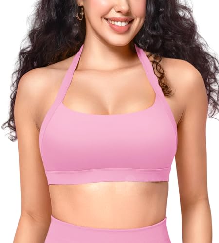 ZAAYO Damen Sport BH Rückenfrei Halfter Fitness BHS Gepolsterte Push Up BH mittlere Unterstützung Fitness Yoga Tops Rosa XL von ZAAYO