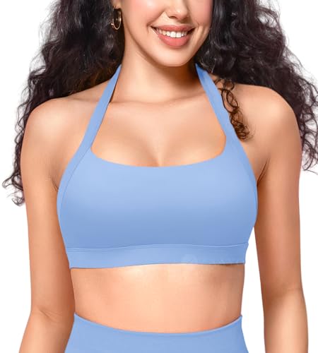 ZAAYO Damen Sport BH Rückenfrei Halfter Fitness Bras Gepolsterte Push Up BH mittlere Unterstützung Fitness Yoga Tops Eisblau L von ZAAYO