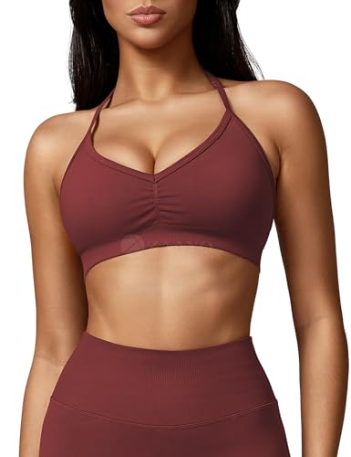 ZAAYO Damen Sport BH Rückenfreie Neckholder Gym Bra Crush Halter Sport BHS Gepolsterte Push Up Bras Mittlere Unterstützung Workout BH Workout Yoga Top Burgunderrot L von ZAAYO