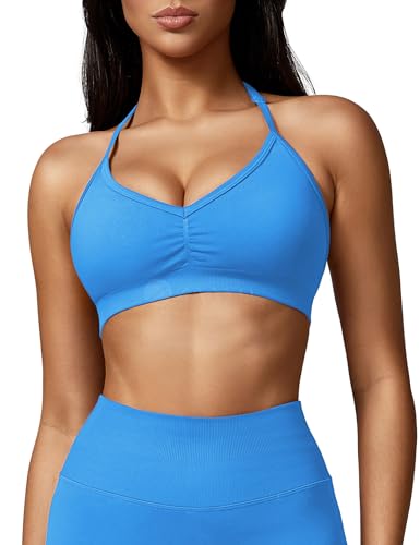 ZAAYO Damen Sport BH Rückenfreie Neckholder Gym Bra Crush Halter Sport BHS Gepolsterte Push Up Bras Mittlere Unterstützung Workout BH Workout Yoga Top Himmelblau L von ZAAYO