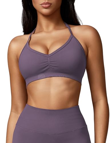 ZAAYO Damen Sport BH Rückenfreie Neckholder Gym Bra Crush Halter Sport BHS Gepolsterte Push Up Bras Mittlere Unterstützung Workout BH Workout Yoga Top Loganbeere L von ZAAYO