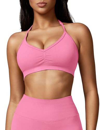 ZAAYO Damen Sport BH Rückenfreie Neckholder Gym Bra Crush Halter Sport BHS Gepolsterte Push Up Bras Mittlere Unterstützung Workout BH Workout Yoga Top Rosa M von ZAAYO