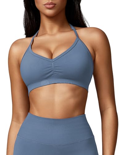 ZAAYO Damen Sport BH Rückenfreie Neckholder Gym Bra Crush Halter Sport BHS Gepolsterte Push Up Bras Mittlere Unterstützung Workout BH Workout Yoga Top Taubenblau L von ZAAYO