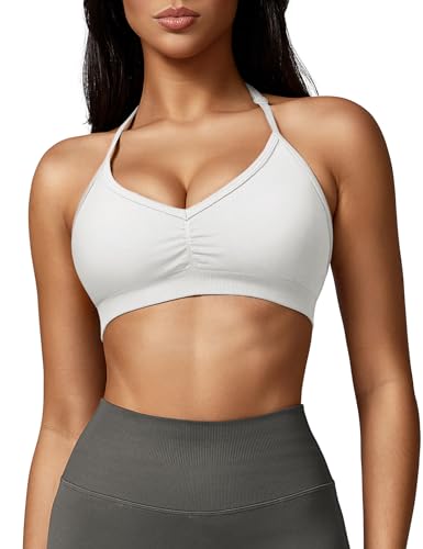 ZAAYO Damen Sport BH Rückenfreie Neckholder Gym Bra Crush Halter Sport BHS Gepolsterte Push Up Bras Mittlere Unterstützung Workout BH Workout Yoga Top Weiß XL von ZAAYO