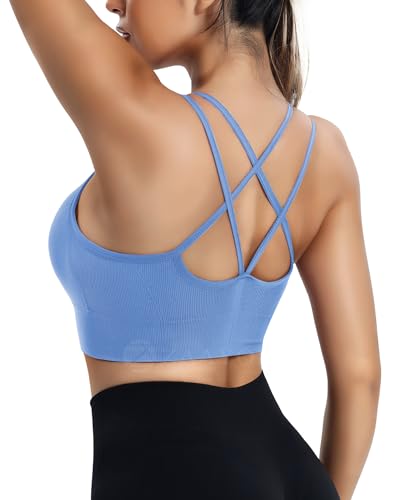 ZAAYO Damen Sport BH mit Gepolstert Nahtlose Bra Cross Back Design Push up BH Sport Bra Top Fitness Lauf Joggen Yoga Blau L von ZAAYO