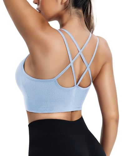 ZAAYO Damen Sport BH mit Gepolstert Nahtlose Bra Cross Back Design Push up BH Sport Bra Top Fitness Lauf Joggen Yoga Himmelblau L von ZAAYO