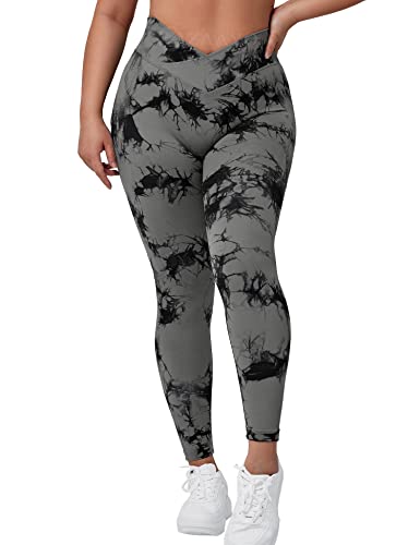 ZAAYO Damen Sport Leggings V-Taille Tie Dye Scrunch Butt Booty Slim Fit Seamless Fitness Gym Pants Workout Sporthose Yoga Hose Schwarz Grau X-Large von ZAAYO