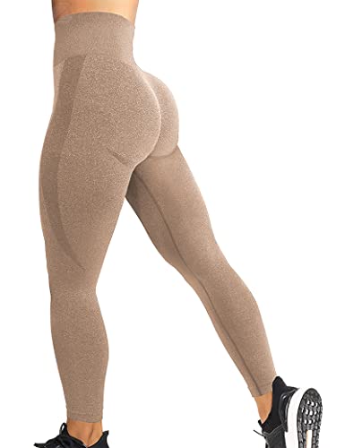 ZAAYO Damen Sport Leggings Nahtlose Gym Workout Smile Contour Yogahose Hohe Taille Bauchkontrolle Laufhose Braun M von ZAAYO