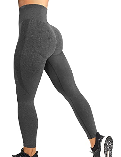 ZAAYO Damen Sport Leggings Nahtlose Gym Workout Smile Contour Yogahose Hohe Taille Bauchkontrolle Laufhose Grau M von ZAAYO