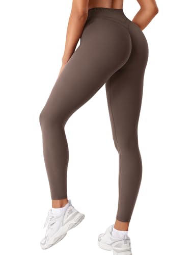 ZAAYO Damen Sport Leggings Scrunch Workout Leggings Kompression Butt Lifting Mitte Hohe Taille 26 inch Nahtlose V Back Yoga-Hosen Kaffee XL von ZAAYO
